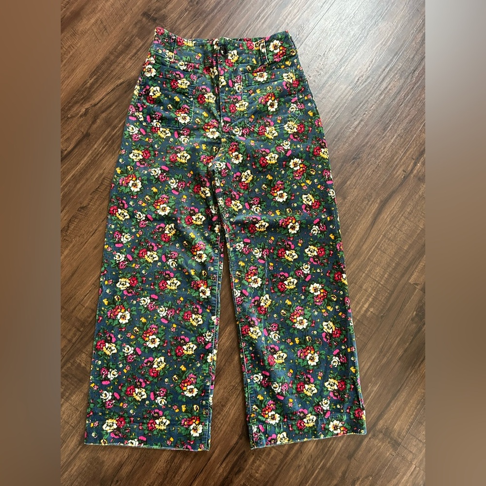 Maeve by Anthropologie The Colette Green Floral Wide-Leg Corduroy Pants